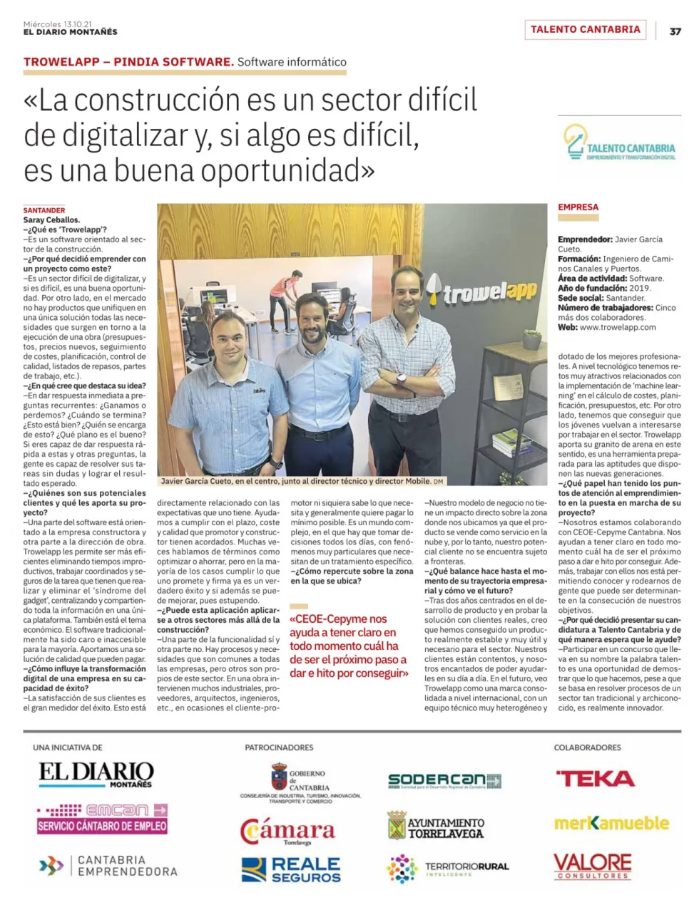 Cartel oficial de los Premios Talento Cantabria con Pindia Software entre las empresas finalistas