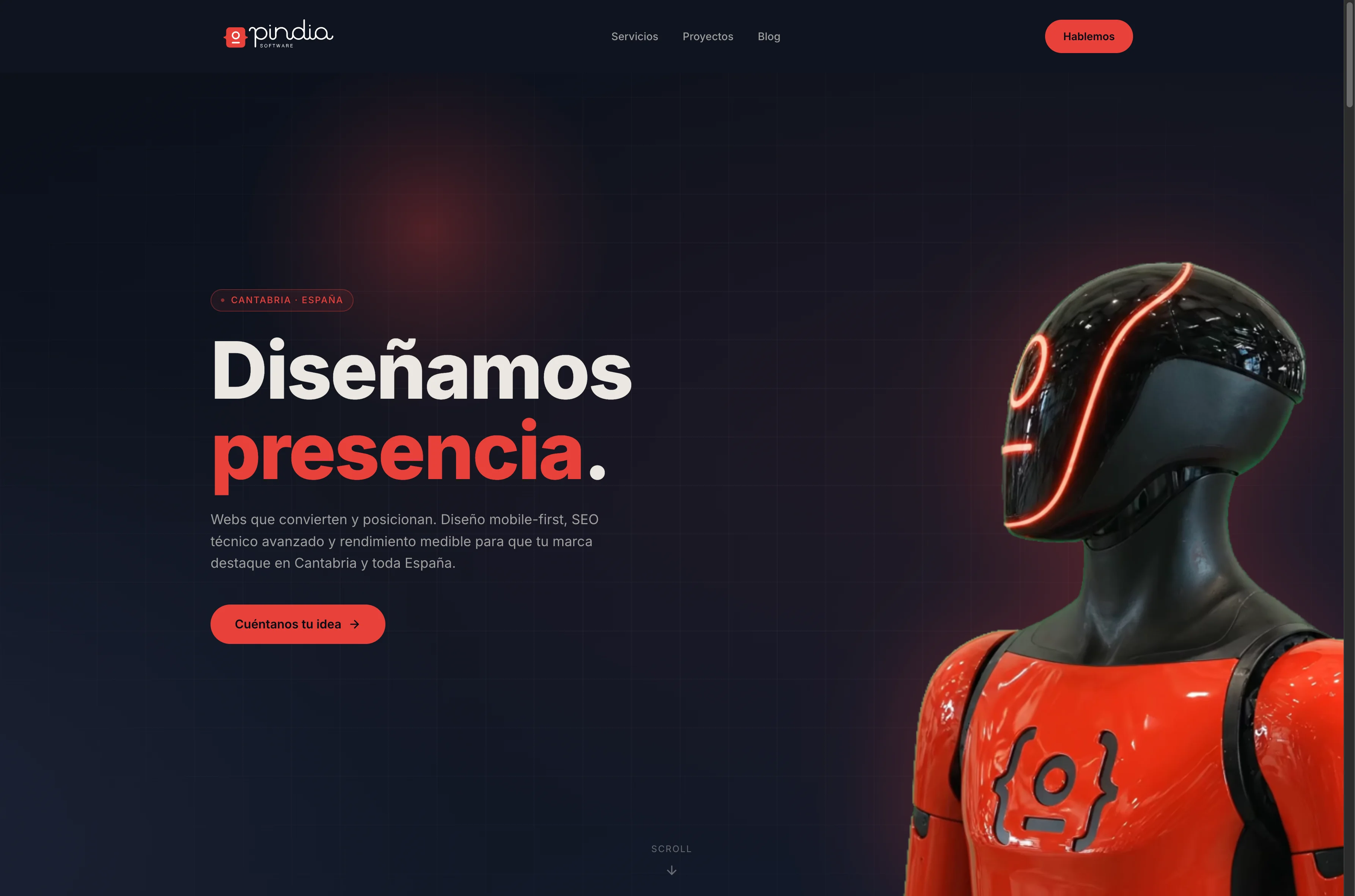 Captura del home de pindia.es: hero con titular animado y robot mascota
