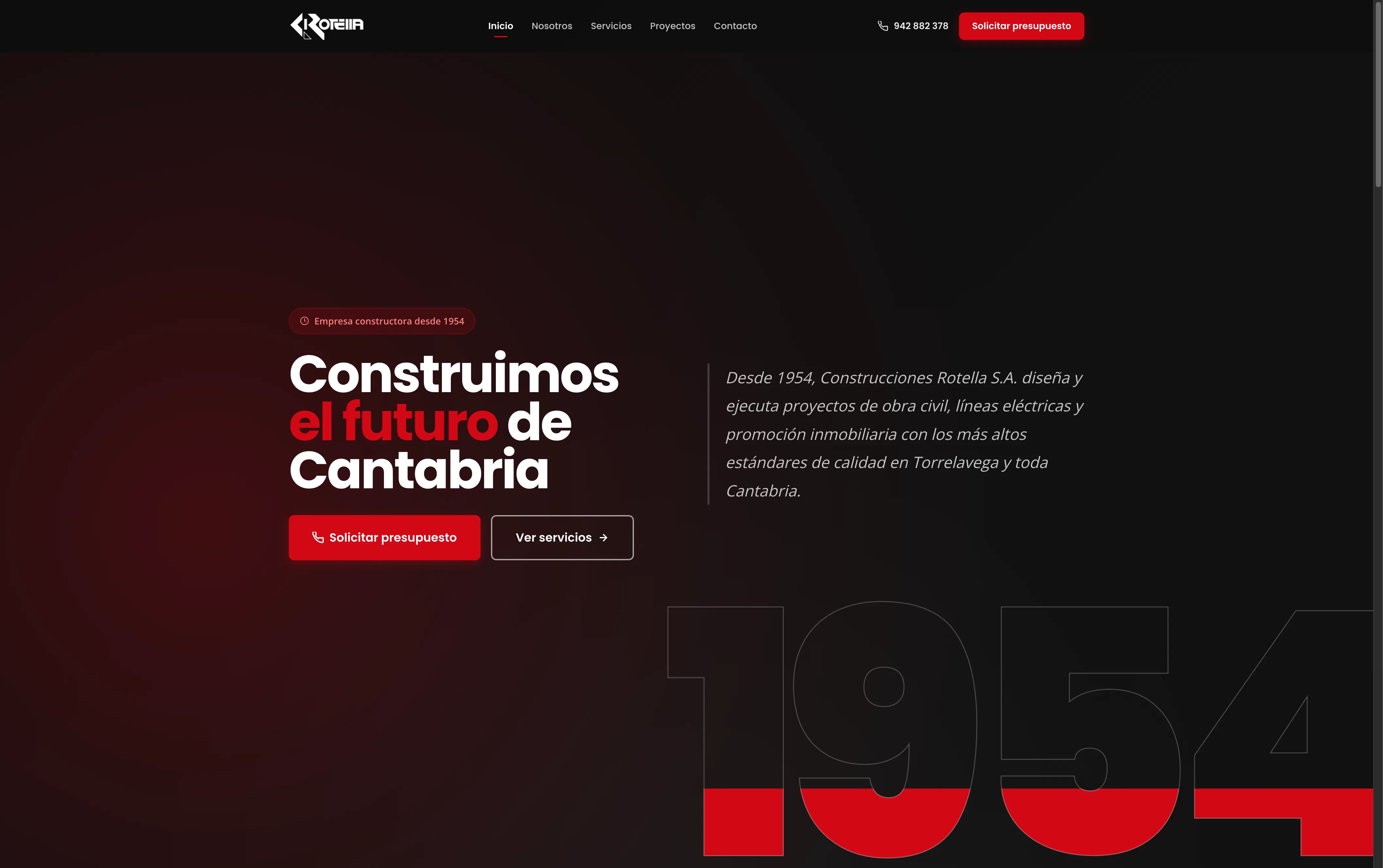Captura del nuevo sitio de Construcciones Rotella: hero corporativo con servicios y certificaciones ISO