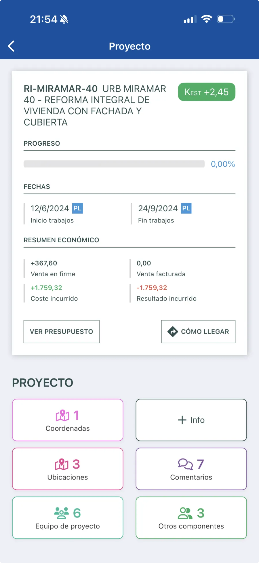 App móvil de TrowelApp mostrando un proyecto de obra, presentada en la web comercial