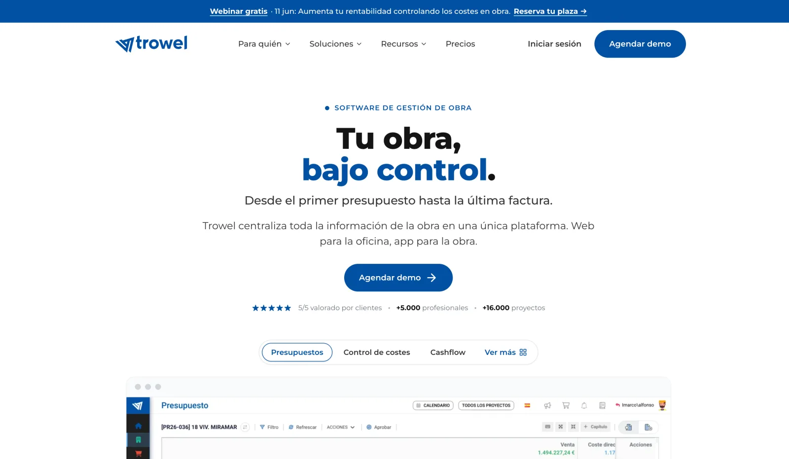Home de trowelapp.com: hero «Tu obra, bajo control» con el panel de presupuestos del producto