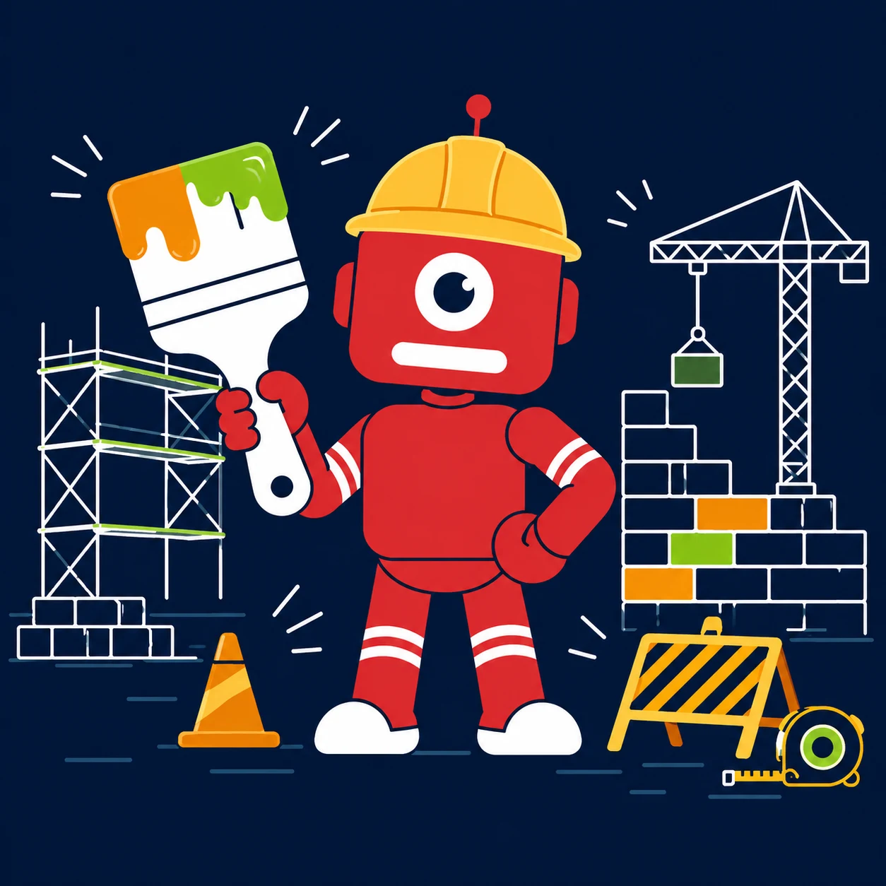 Robot de Pindia equipado de obra: casco, brocha y herramientas, con una grúa y andamios al fondo