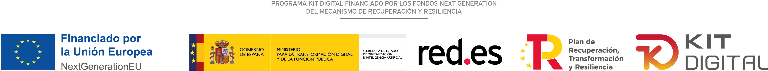 Programa Kit Digital financiado por los fondos Next Generation del mecanismo de recuperación y resiliencia. Logos: Unión Europea NextGenerationEU, Gobierno de España, red.es, Plan de Recuperación Transformación y Resiliencia, Kit Digital.